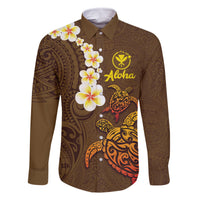 Hawaii Turtle Plumeria Flower Family Matching Tank Maxi Dress and Hawaiian Shirt Polynesian Pattern Brown Color LT03 Dad's Shirt - Long Sleeve Brown - Polynesian Pride