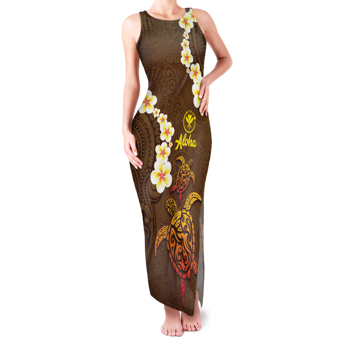 Hawaii Turtle Plumeria Flower Family Matching Tank Maxi Dress and Hawaiian Shirt Polynesian Pattern Brown Color LT03 Mom's Dress Brown - Polynesian Pride