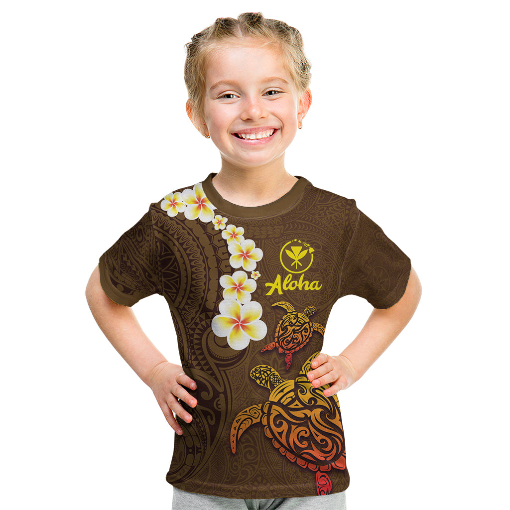 Hawaii Turtle Plumeria Flower Kid T Shirt Polynesian Pattern Brown Color