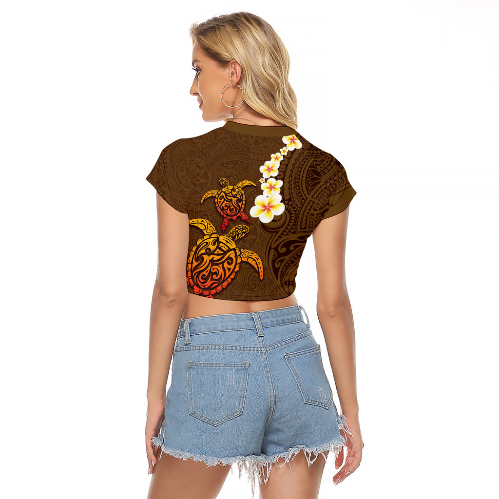 Hawaii Turtle Plumeria Flower Raglan Cropped T Shirt Polynesian Pattern Brown Color