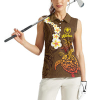 Hawaii Turtle Plumeria Flower Women Sleeveless Polo Shirt Polynesian Pattern Brown Color