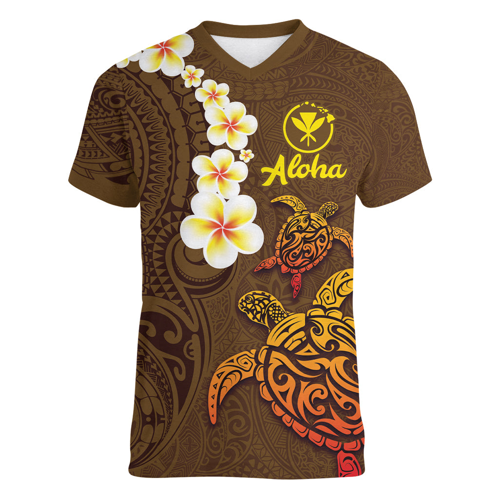 Hawaii Turtle Plumeria Flower Women V-Neck T-Shirt Polynesian Pattern Brown Color