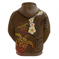 Hawaii Turtle Plumeria Flower Zip Hoodie Polynesian Pattern Brown Color
