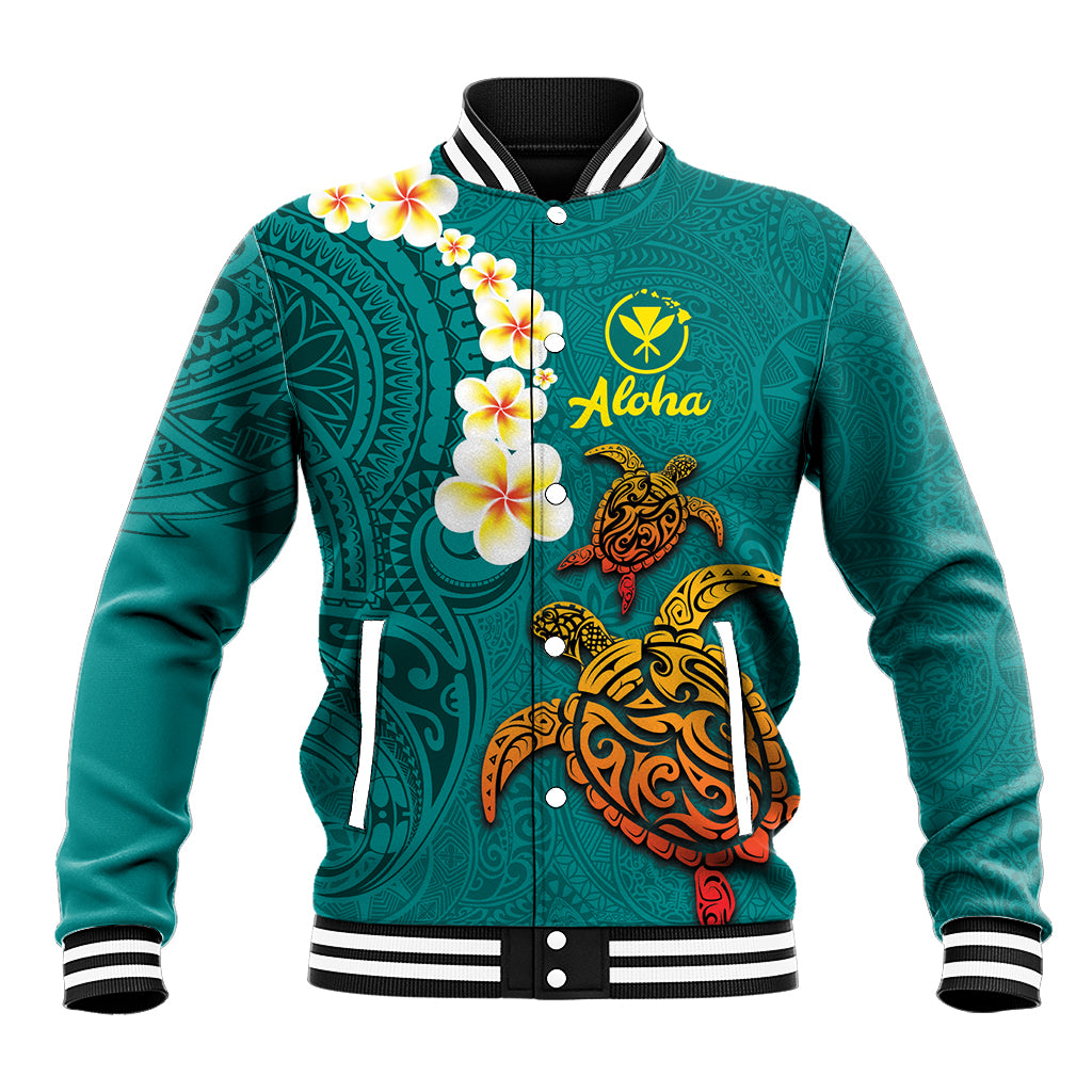 Hawaii Turtle Plumeria Flower Baseball Jacket Polynesian Pattern Turquoise Color