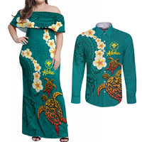 Hawaii Turtle Plumeria Flower Couples Matching Off Shoulder Maxi Dress and Long Sleeve Button Shirt Polynesian Pattern Turquoise Color
