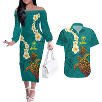 Hawaii Turtle Plumeria Flower Couples Matching Off The Shoulder Long Sleeve Dress and Hawaiian Shirt Polynesian Pattern Turquoise Color LT03 Turquoise - Polynesian Pride