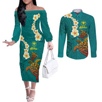 Hawaii Turtle Plumeria Flower Couples Matching Off The Shoulder Long Sleeve Dress and Long Sleeve Button Shirt Polynesian Pattern Turquoise Color