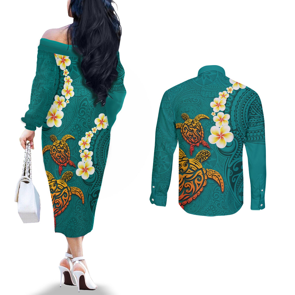 Hawaii Turtle Plumeria Flower Couples Matching Off The Shoulder Long Sleeve Dress and Long Sleeve Button Shirt Polynesian Pattern Turquoise Color