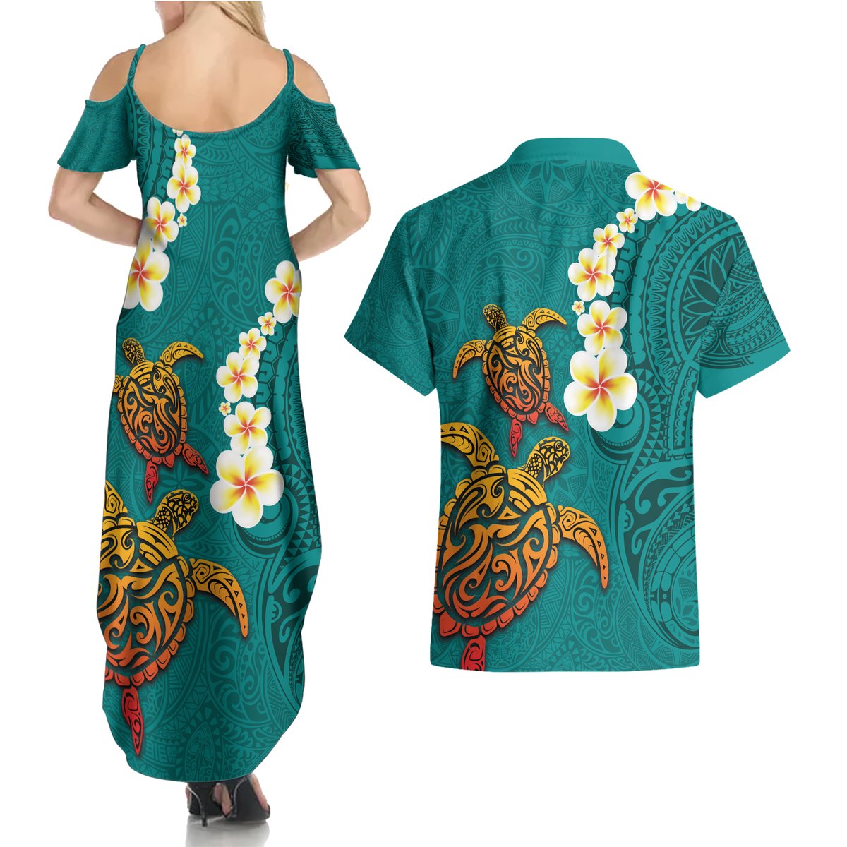Hawaii Turtle Plumeria Flower Couples Matching Summer Maxi Dress and Hawaiian Shirt Polynesian Pattern Turquoise Color