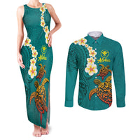 Hawaii Turtle Plumeria Flower Couples Matching Tank Maxi Dress and Long Sleeve Button Shirt Polynesian Pattern Turquoise Color