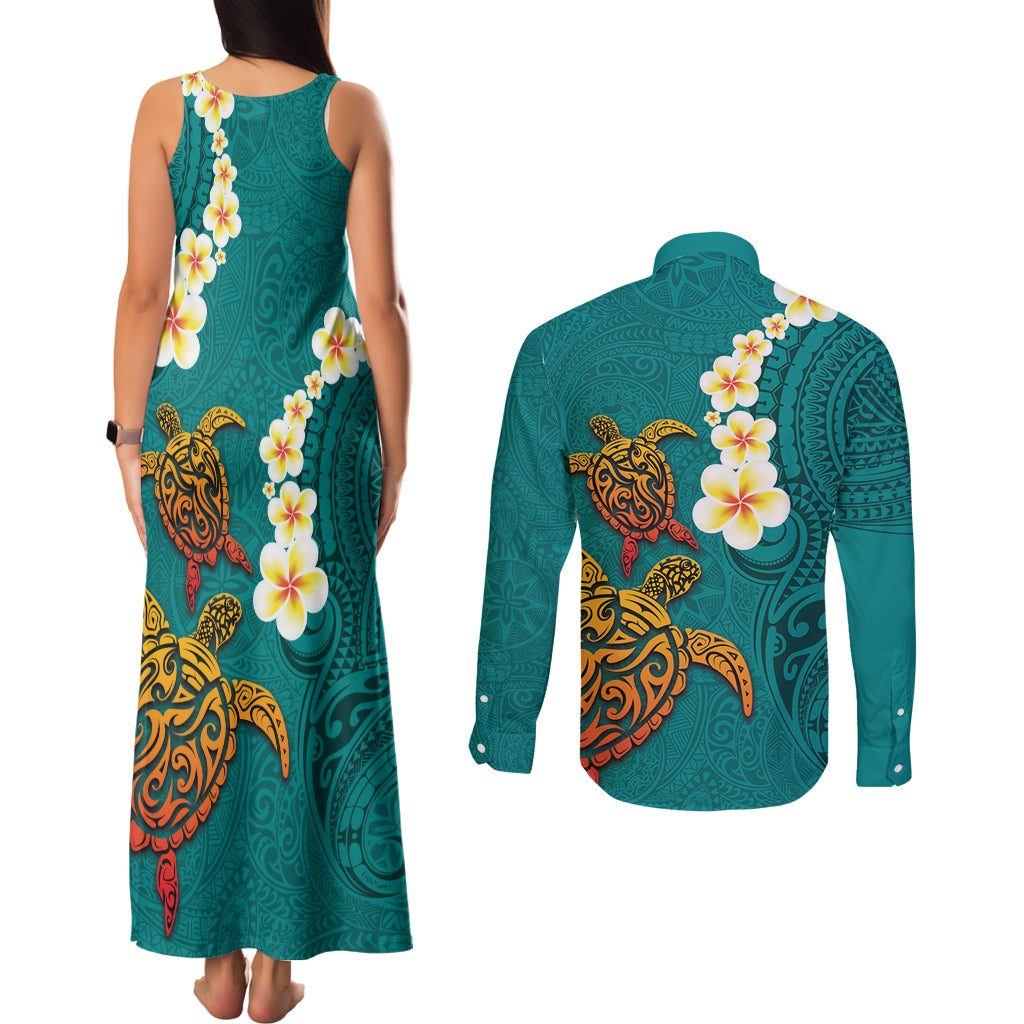 Hawaii Turtle Plumeria Flower Couples Matching Tank Maxi Dress and Long Sleeve Button Shirt Polynesian Pattern Turquoise Color