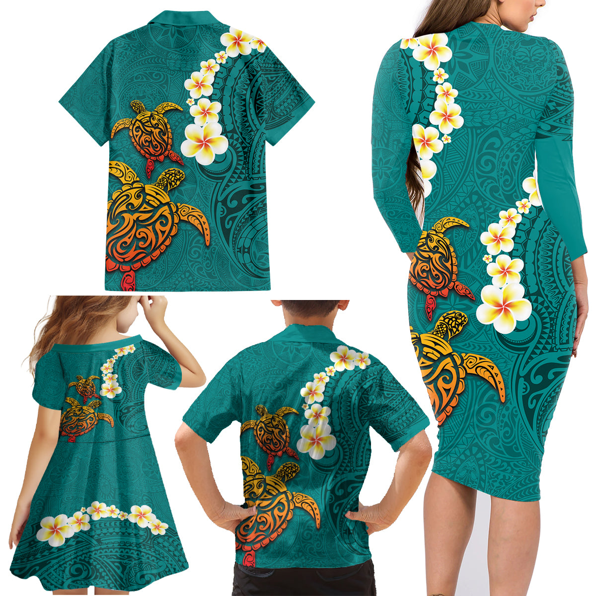 Hawaii Turtle Plumeria Flower Family Matching Long Sleeve Bodycon Dress and Hawaiian Shirt Polynesian Pattern Turquoise Color LT03 - Polynesian Pride