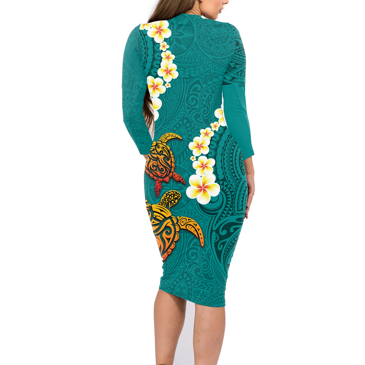 Hawaii Turtle Plumeria Flower Family Matching Long Sleeve Bodycon Dress and Hawaiian Shirt Polynesian Pattern Turquoise Color LT03 - Polynesian Pride