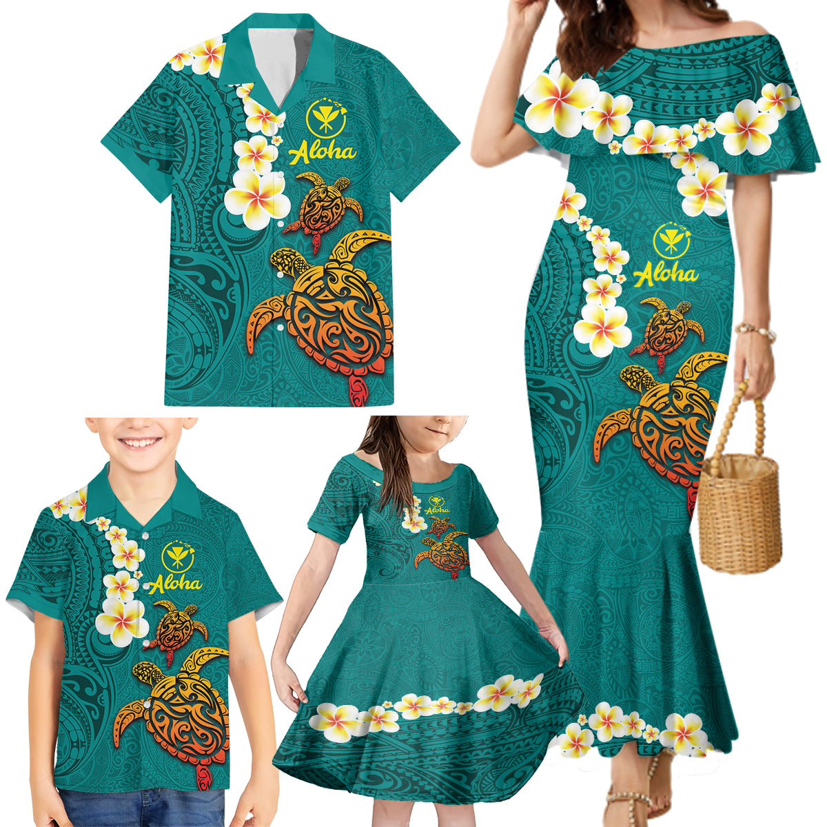 Hawaii Turtle Plumeria Flower Family Matching Mermaid Dress and Hawaiian Shirt Polynesian Pattern Turquoise Color LT03 - Polynesian Pride