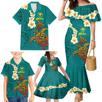 Hawaii Turtle Plumeria Flower Family Matching Mermaid Dress and Hawaiian Shirt Polynesian Pattern Turquoise Color LT03 - Polynesian Pride