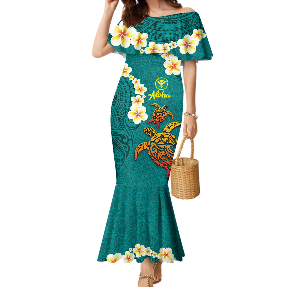 Hawaii Turtle Plumeria Flower Family Matching Mermaid Dress and Hawaiian Shirt Polynesian Pattern Turquoise Color LT03 Mom's Dress Turquoise - Polynesian Pride