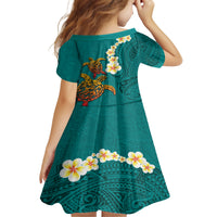 Hawaii Turtle Plumeria Flower Family Matching Off The Shoulder Long Sleeve Dress and Hawaiian Shirt Polynesian Pattern Turquoise Color LT03 - Polynesian Pride