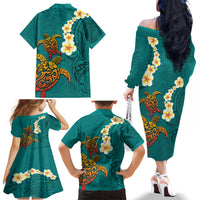 Hawaii Turtle Plumeria Flower Family Matching Off The Shoulder Long Sleeve Dress and Hawaiian Shirt Polynesian Pattern Turquoise Color LT03 - Polynesian Pride