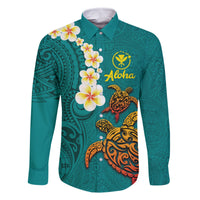 Hawaii Turtle Plumeria Flower Family Matching Off The Shoulder Long Sleeve Dress and Hawaiian Shirt Polynesian Pattern Turquoise Color LT03 Dad's Shirt - Long Sleeve Turquoise - Polynesian Pride