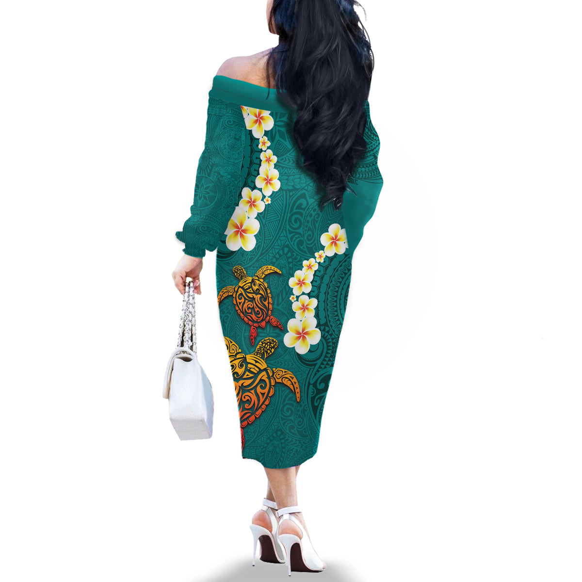 Hawaii Turtle Plumeria Flower Family Matching Off The Shoulder Long Sleeve Dress and Hawaiian Shirt Polynesian Pattern Turquoise Color LT03 - Polynesian Pride