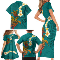 Hawaii Turtle Plumeria Flower Family Matching Short Sleeve Bodycon Dress and Hawaiian Shirt Polynesian Pattern Turquoise Color LT03 - Polynesian Pride