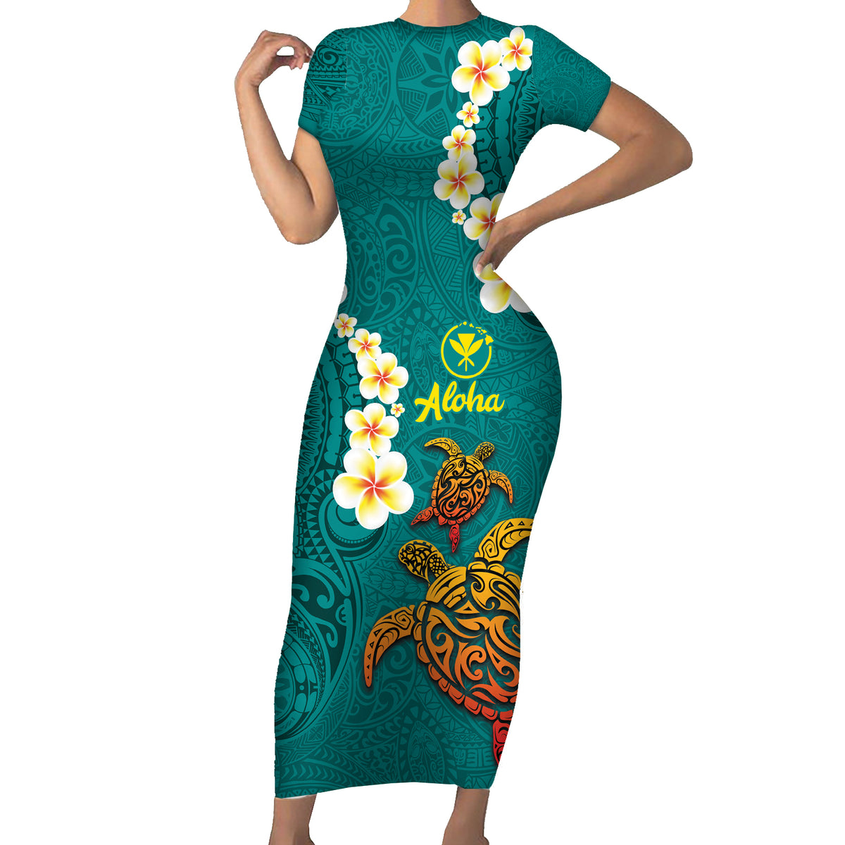 Hawaii Turtle Plumeria Flower Family Matching Short Sleeve Bodycon Dress and Hawaiian Shirt Polynesian Pattern Turquoise Color LT03 Mom's Dress Turquoise - Polynesian Pride