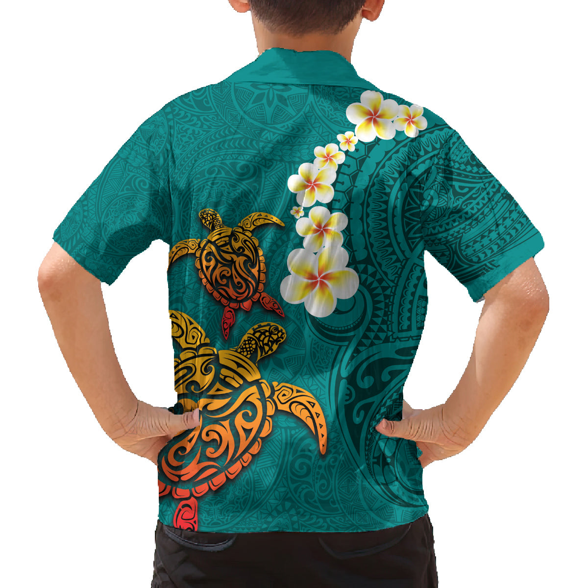 Hawaii Turtle Plumeria Flower Family Matching Tank Maxi Dress and Hawaiian Shirt Polynesian Pattern Turquoise Color LT03 - Polynesian Pride