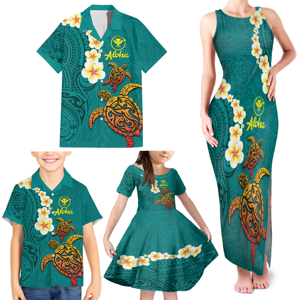 Hawaii Turtle Plumeria Flower Family Matching Tank Maxi Dress and Hawaiian Shirt Polynesian Pattern Turquoise Color LT03 - Polynesian Pride