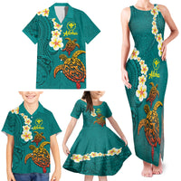 Hawaii Turtle Plumeria Flower Family Matching Tank Maxi Dress and Hawaiian Shirt Polynesian Pattern Turquoise Color LT03 - Polynesian Pride