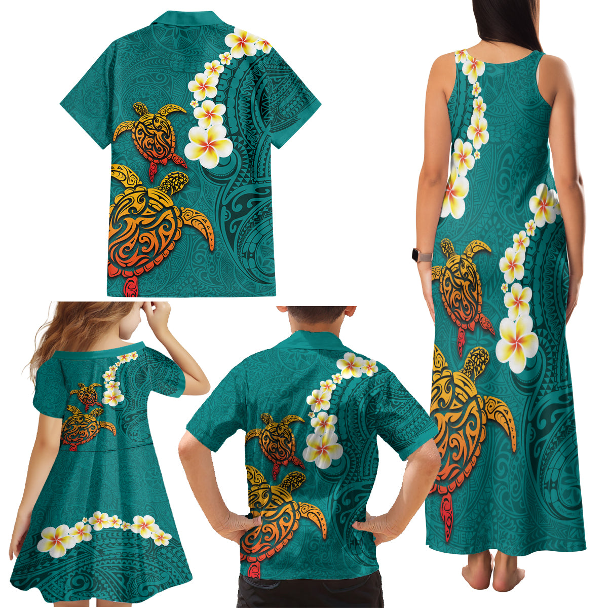 Hawaii Turtle Plumeria Flower Family Matching Tank Maxi Dress and Hawaiian Shirt Polynesian Pattern Turquoise Color LT03 - Polynesian Pride