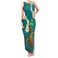 Hawaii Turtle Plumeria Flower Family Matching Tank Maxi Dress and Hawaiian Shirt Polynesian Pattern Turquoise Color LT03 Mom's Dress Turquoise - Polynesian Pride