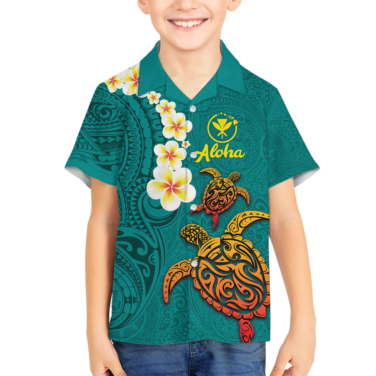 Hawaii Turtle Plumeria Flower Family Matching Tank Maxi Dress and Hawaiian Shirt Polynesian Pattern Turquoise Color LT03 Son's Shirt Turquoise - Polynesian Pride