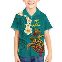 Hawaii Turtle Plumeria Flower Family Matching Tank Maxi Dress and Hawaiian Shirt Polynesian Pattern Turquoise Color LT03 Son's Shirt Turquoise - Polynesian Pride