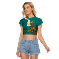 Hawaii Turtle Plumeria Flower Raglan Cropped T Shirt Polynesian Pattern Turquoise Color