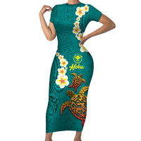 Hawaii Turtle Plumeria Flower Short Sleeve Bodycon Dress Polynesian Pattern Turquoise Color LT03 Long Dress Turquoise - Polynesian Pride