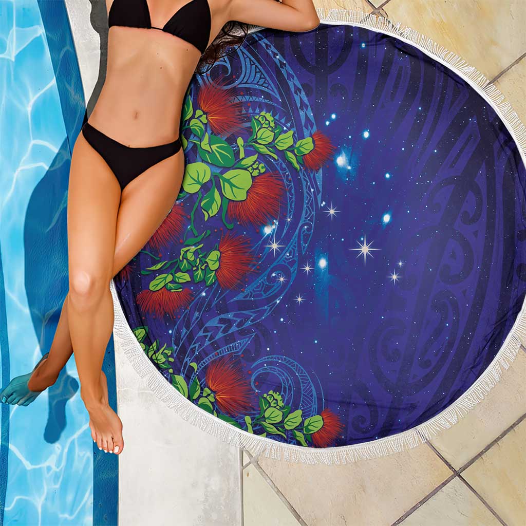 Matariki New Zealand Maori and Pohutukawa Beach Blanket Galaxy Blue Sky Style