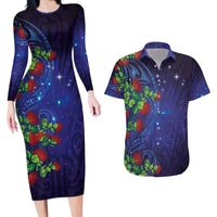 Matariki New Zealand Maori and Pohutukawa Couples Matching Long Sleeve Bodycon Dress and Hawaiian Shirt Galaxy Blue Sky Style LT03 Blue - Polynesian Pride