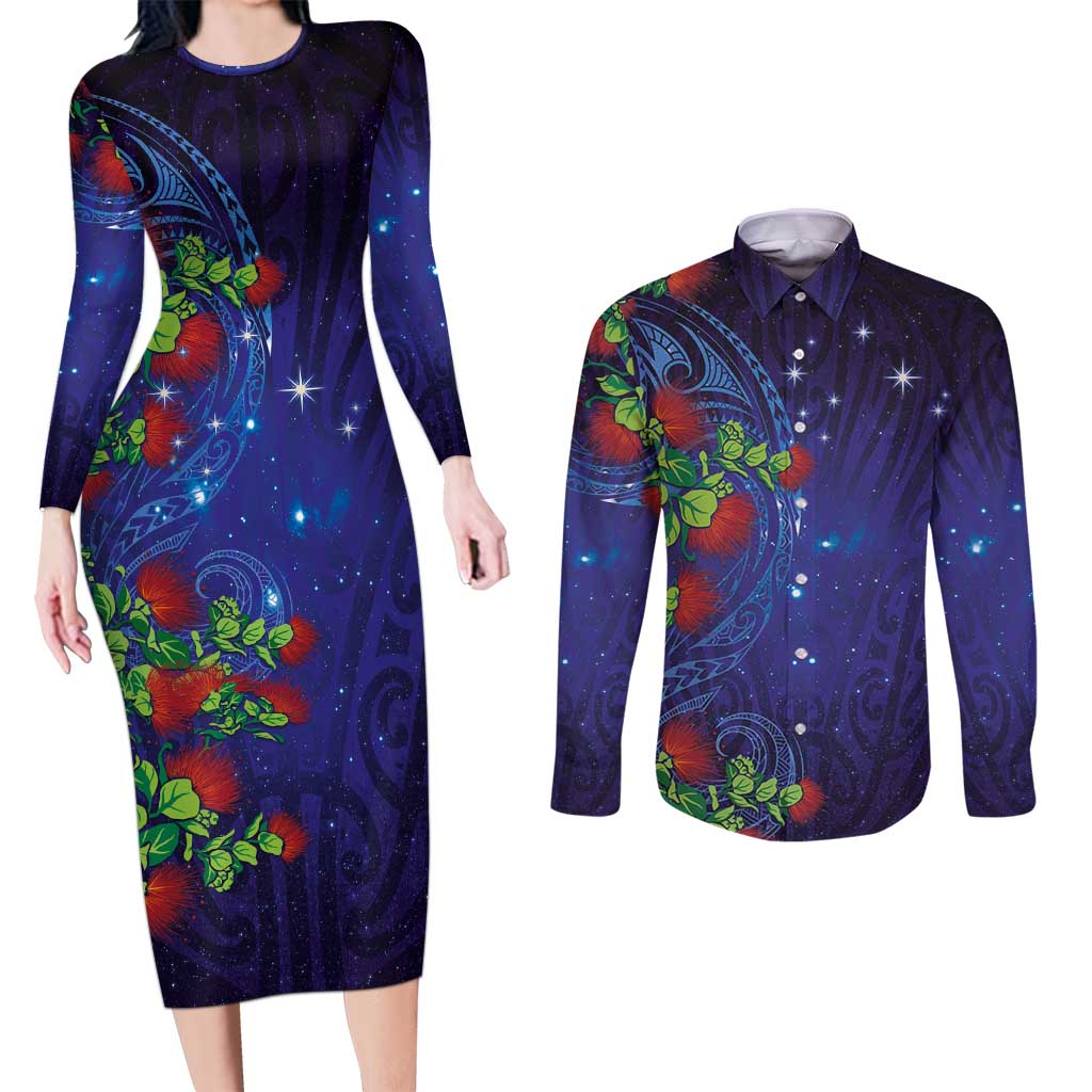 Matariki New Zealand Maori and Pohutukawa Couples Matching Long Sleeve Bodycon Dress and Long Sleeve Button Shirt Galaxy Blue Sky Style LT03 Blue - Polynesian Pride