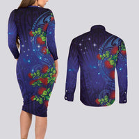 Matariki New Zealand Maori and Pohutukawa Couples Matching Long Sleeve Bodycon Dress and Long Sleeve Button Shirt Galaxy Blue Sky Style LT03 - Polynesian Pride