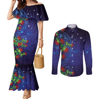 Matariki New Zealand Maori and Pohutukawa Couples Matching Mermaid Dress and Long Sleeve Button Shirt Galaxy Blue Sky Style LT03 Blue - Polynesian Pride
