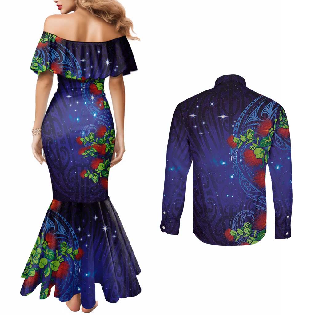 Matariki New Zealand Maori and Pohutukawa Couples Matching Mermaid Dress and Long Sleeve Button Shirt Galaxy Blue Sky Style LT03 - Polynesian Pride
