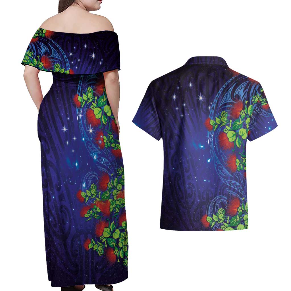 Matariki New Zealand Maori and Pohutukawa Couples Matching Off Shoulder Maxi Dress and Hawaiian Shirt Galaxy Blue Sky Style LT03 - Polynesian Pride