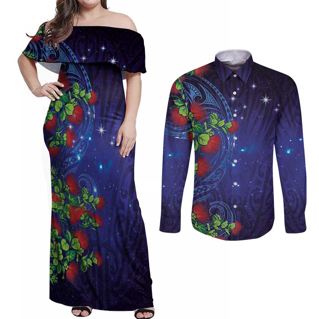 Matariki New Zealand Maori and Pohutukawa Couples Matching Off Shoulder Maxi Dress and Long Sleeve Button Shirt Galaxy Blue Sky Style LT03 Blue - Polynesian Pride