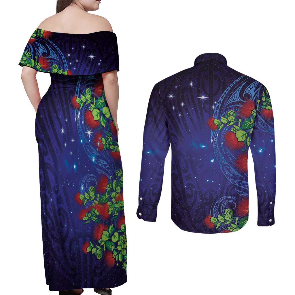 Matariki New Zealand Maori and Pohutukawa Couples Matching Off Shoulder Maxi Dress and Long Sleeve Button Shirt Galaxy Blue Sky Style LT03 - Polynesian Pride