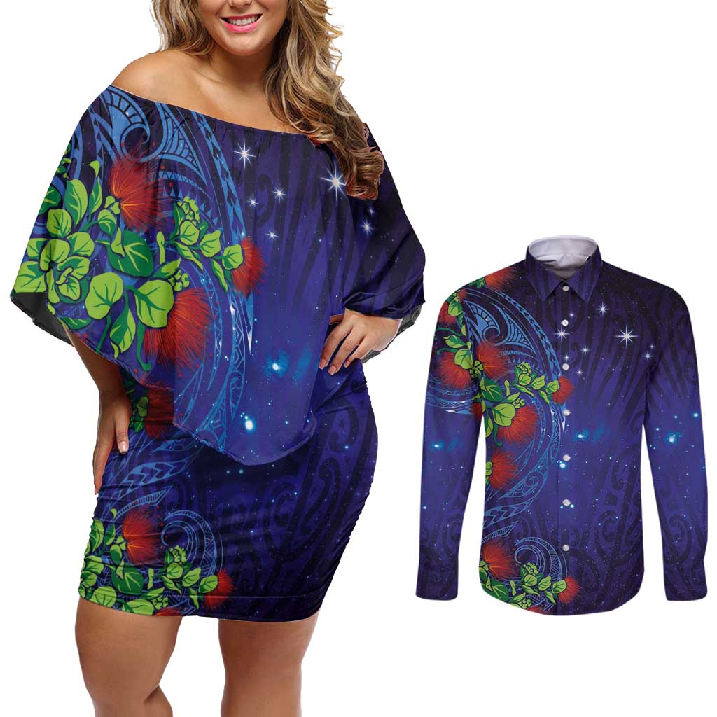 Matariki New Zealand Maori and Pohutukawa Couples Matching Off Shoulder Short Dress and Long Sleeve Button Shirt Galaxy Blue Sky Style LT03 Blue - Polynesian Pride