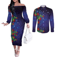 Matariki New Zealand Maori and Pohutukawa Couples Matching Off The Shoulder Long Sleeve Dress and Long Sleeve Button Shirt Galaxy Blue Sky Style LT03 Blue - Polynesian Pride