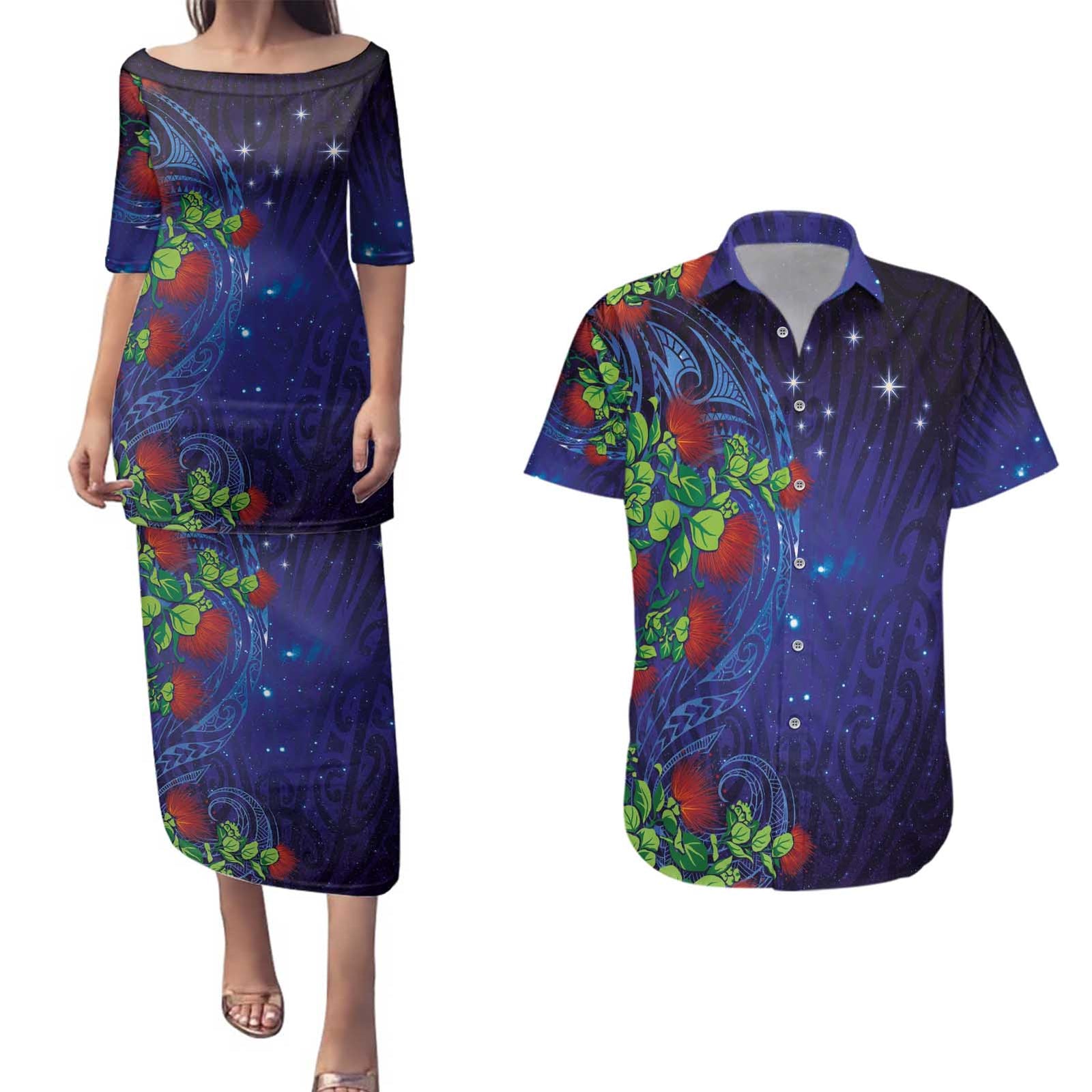 Matariki New Zealand Maori and Pohutukawa Couples Matching Puletasi and Hawaiian Shirt Galaxy Blue Sky Style