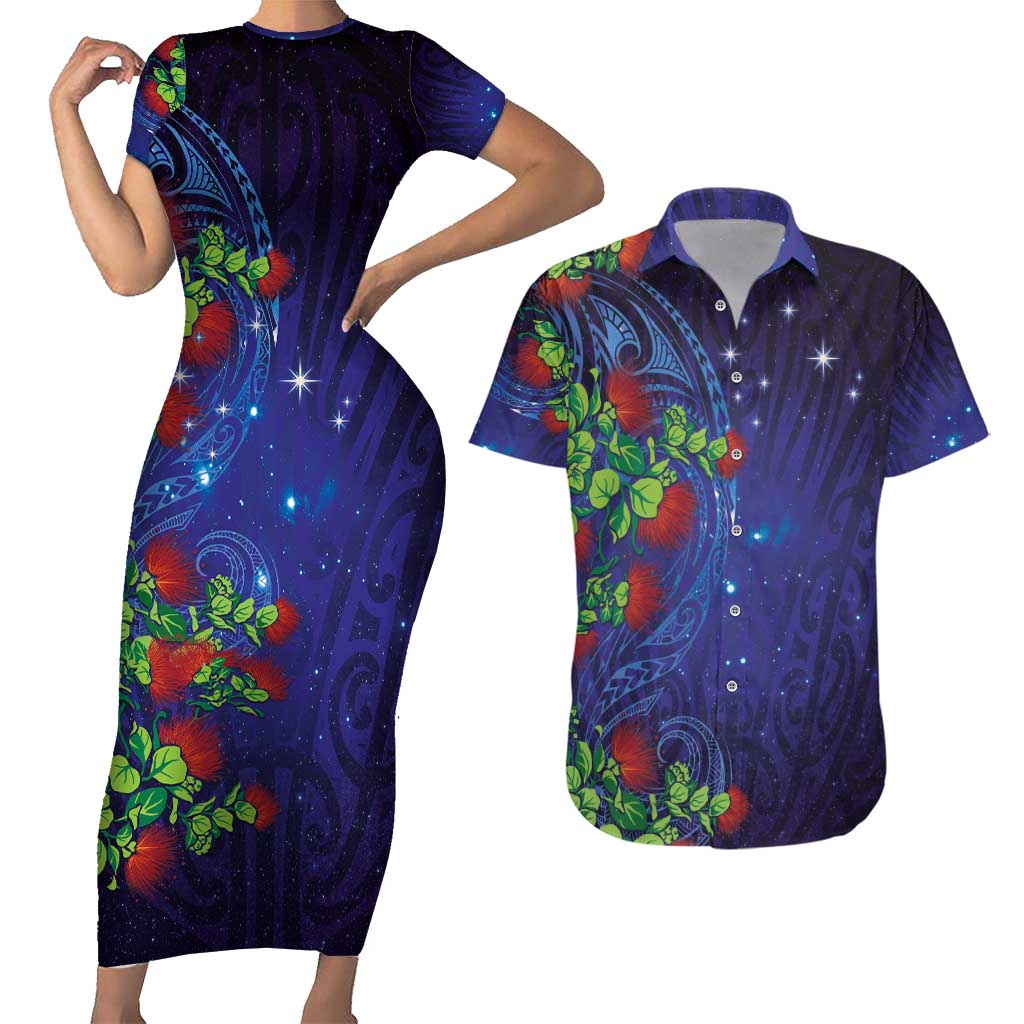 Matariki New Zealand Maori and Pohutukawa Couples Matching Short Sleeve Bodycon Dress and Hawaiian Shirt Galaxy Blue Sky Style LT03 Blue - Polynesian Pride
