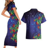 Matariki New Zealand Maori and Pohutukawa Couples Matching Short Sleeve Bodycon Dress and Hawaiian Shirt Galaxy Blue Sky Style LT03 - Polynesian Pride