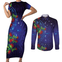 Matariki New Zealand Maori and Pohutukawa Couples Matching Short Sleeve Bodycon Dress and Long Sleeve Button Shirt Galaxy Blue Sky Style LT03 Blue - Polynesian Pride